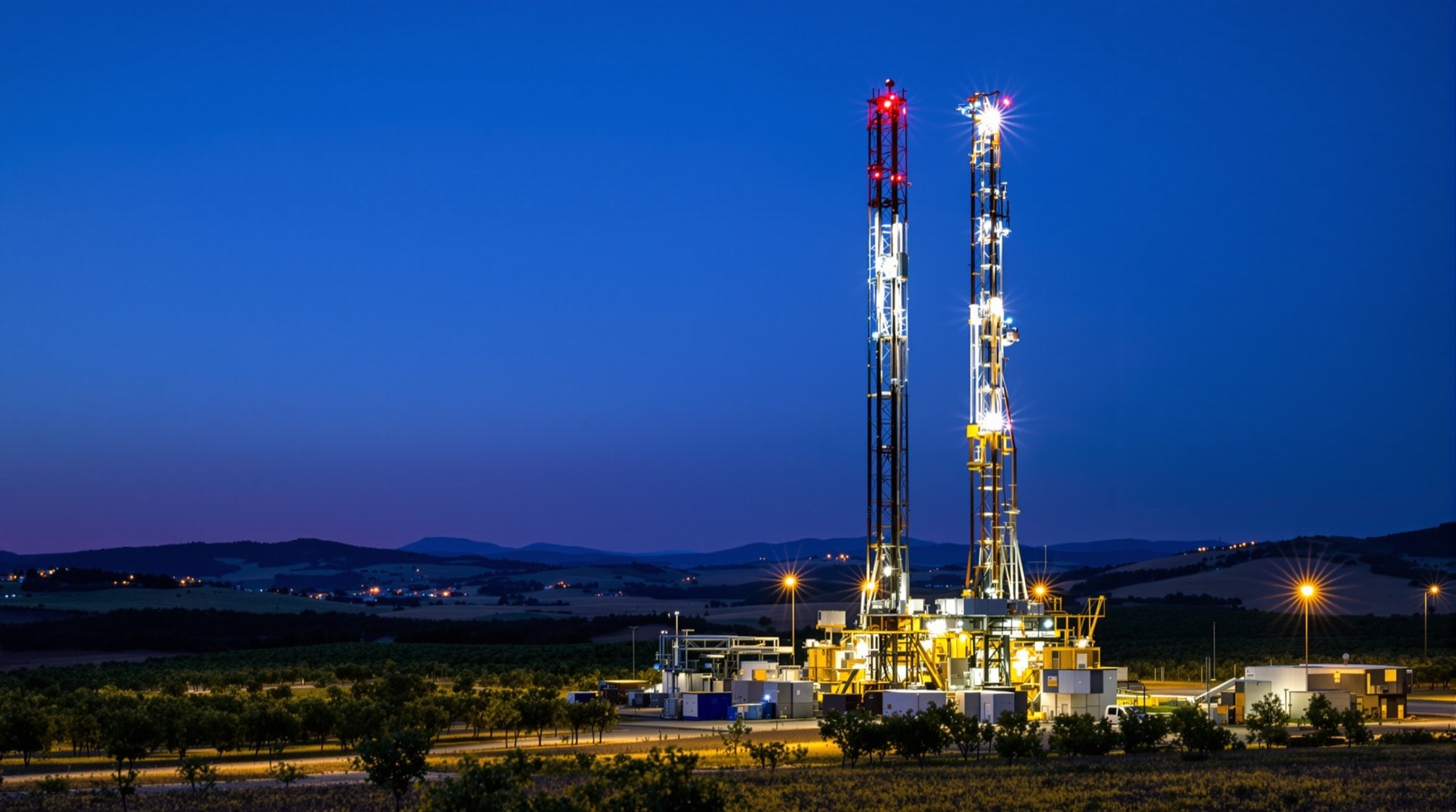 Impianto di perforazione a terra al tramonto nell'entroterra appenninico