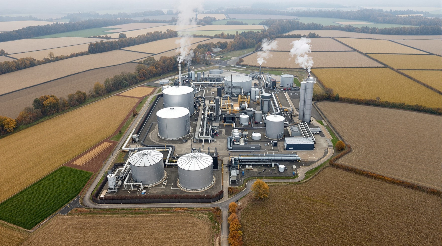 Veduta aerea di una centrale di trattamento per olio e gas nella pianura padana