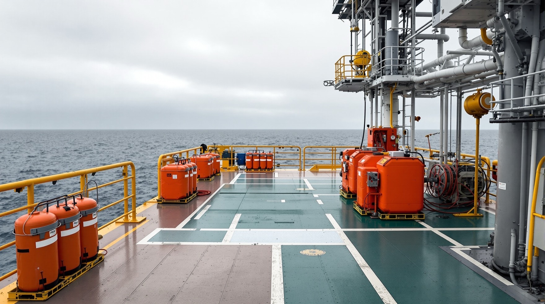 Ponte di una piccola piattaforma offshore con attrezzature di sicurezza