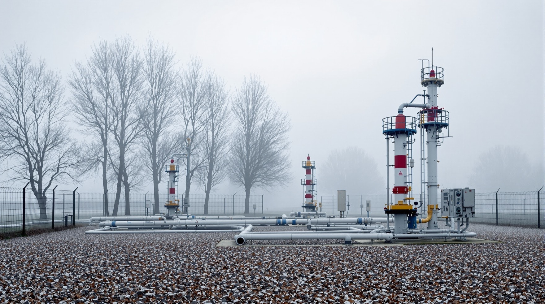 Cluster di teste pozzo di un campo di stoccaggio gas nella nebbia invernale padana