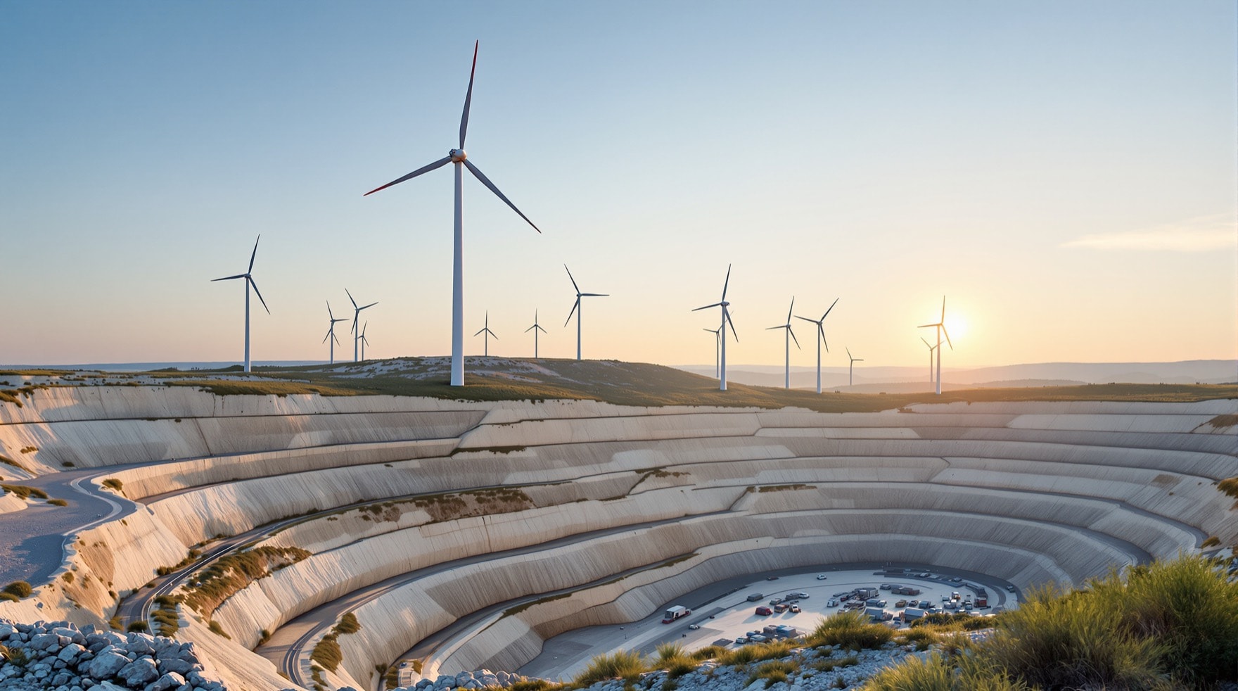 Turbine eoliche su un crinale sopra una cava a cielo aperto